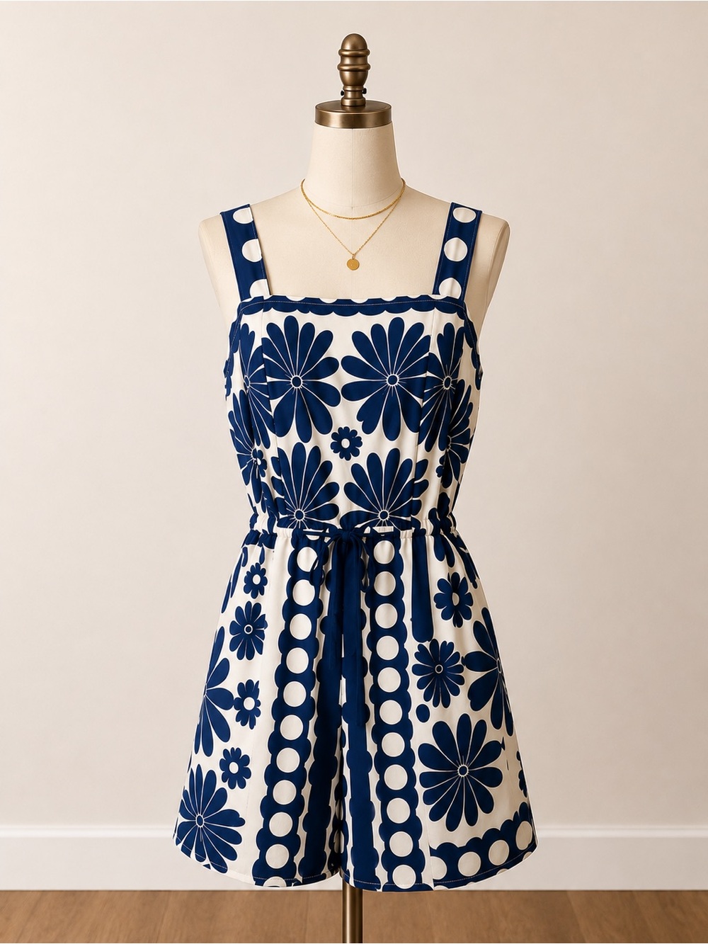 SHEIN Navy and White Floral Tie-Waist Mini Romper